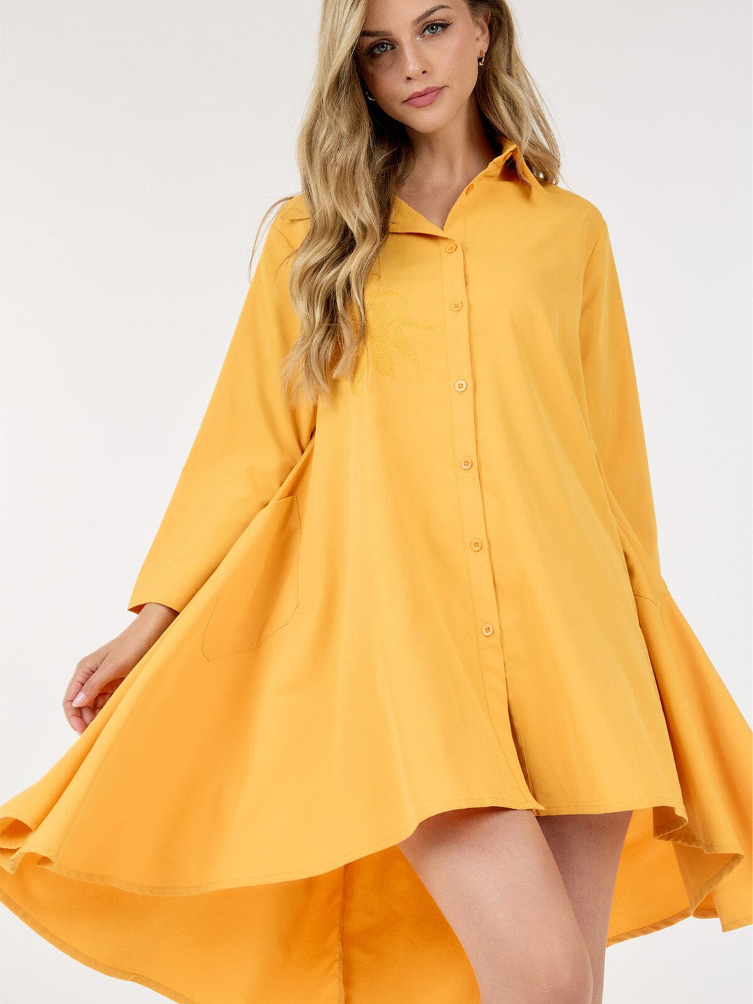 WOMEN'S LONG SLEEVE HIGH-LOW POCKETS EMBROIDERY DETAILED MINI DRESS