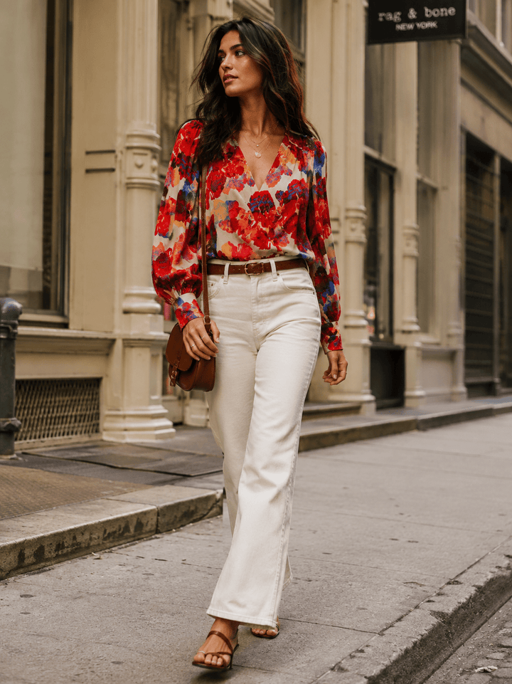 ENTRO WOMEN'S LONG SLEEVE SURPLICE FLORAL BODYSUIT