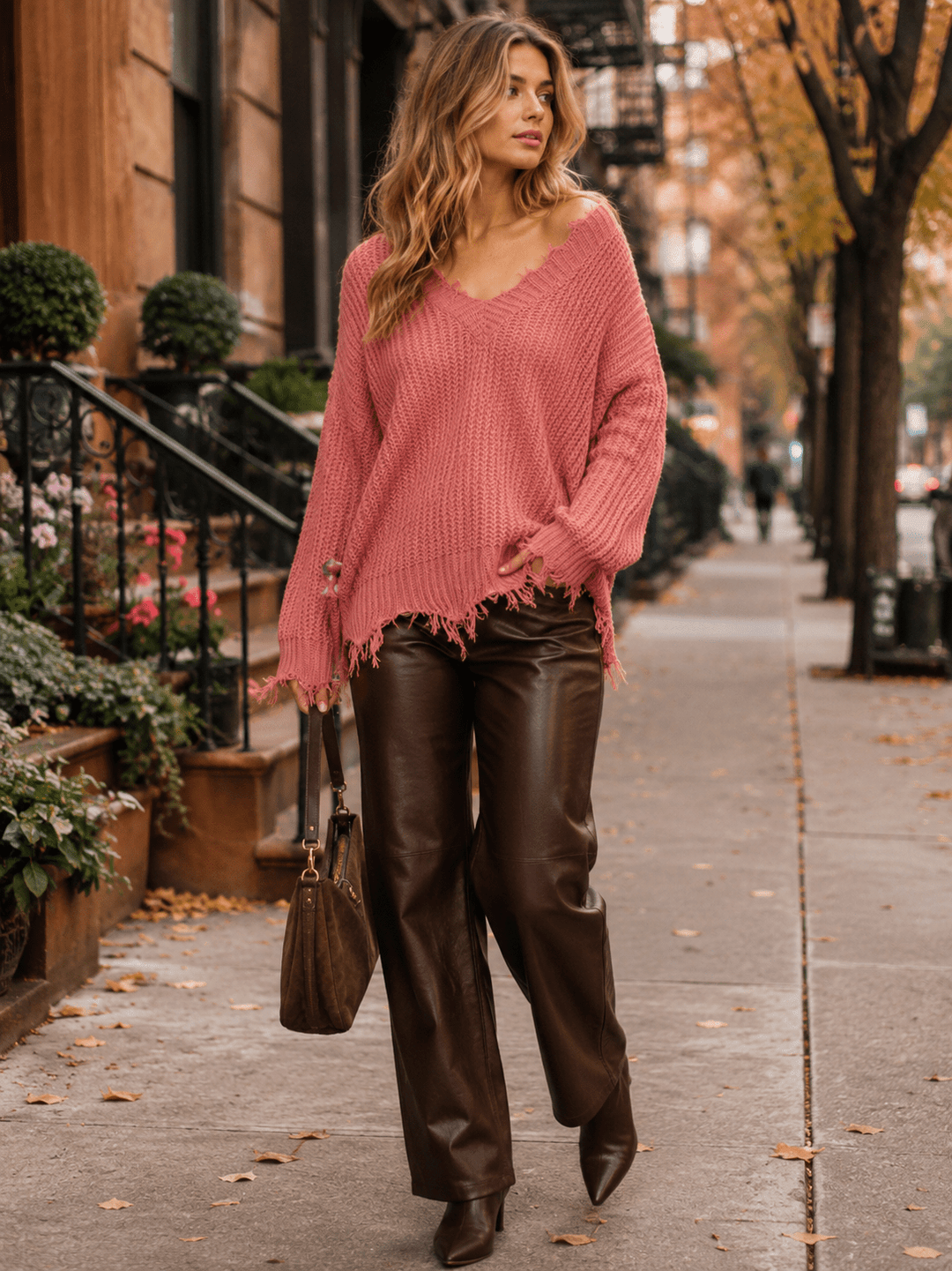 WOMEN'S LONG SLEEVE V-NECK DISTRESS PULLOVER KNIT SWEATERS