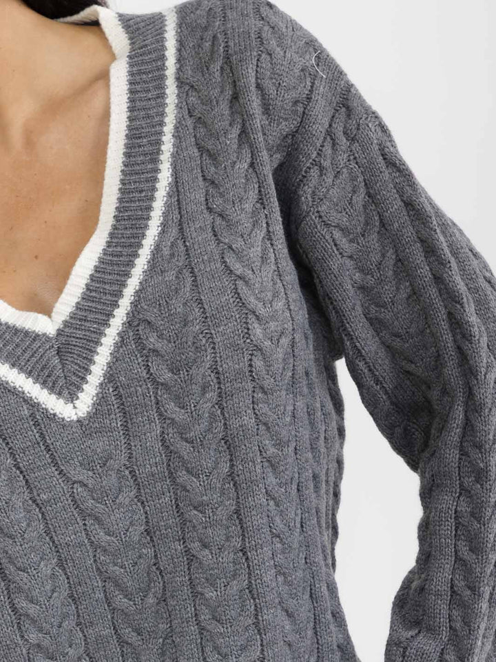 WOMEN'S LONG SLEEVE V-NECK KNITTED MINI SWEATER DRESS