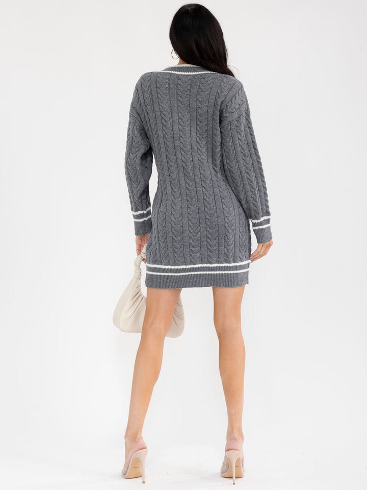 WOMEN'S LONG SLEEVE V-NECK KNITTED MINI SWEATER DRESS