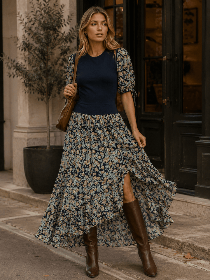 WOMEN'S 3/4 SLEEVES FRONT SLIT FLORAL PRINT CONTRAST MAXI DRESS