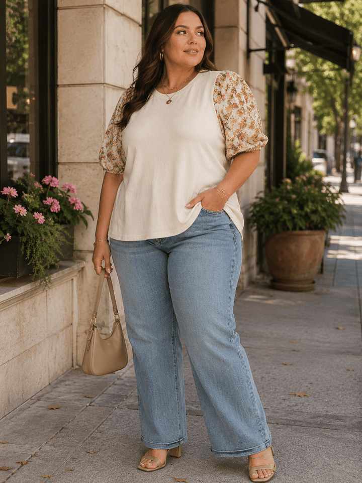 PLUS SIZE SHORT PUFF SLEEVE FLORAL CONTRAST BLOUSE