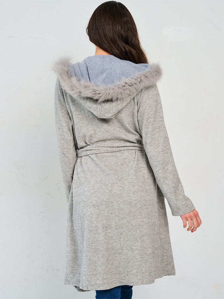 WOMEN'S LONG SLEEVE OPEN FRONT POCKETS SELF TIE HOODED CARDIGAN