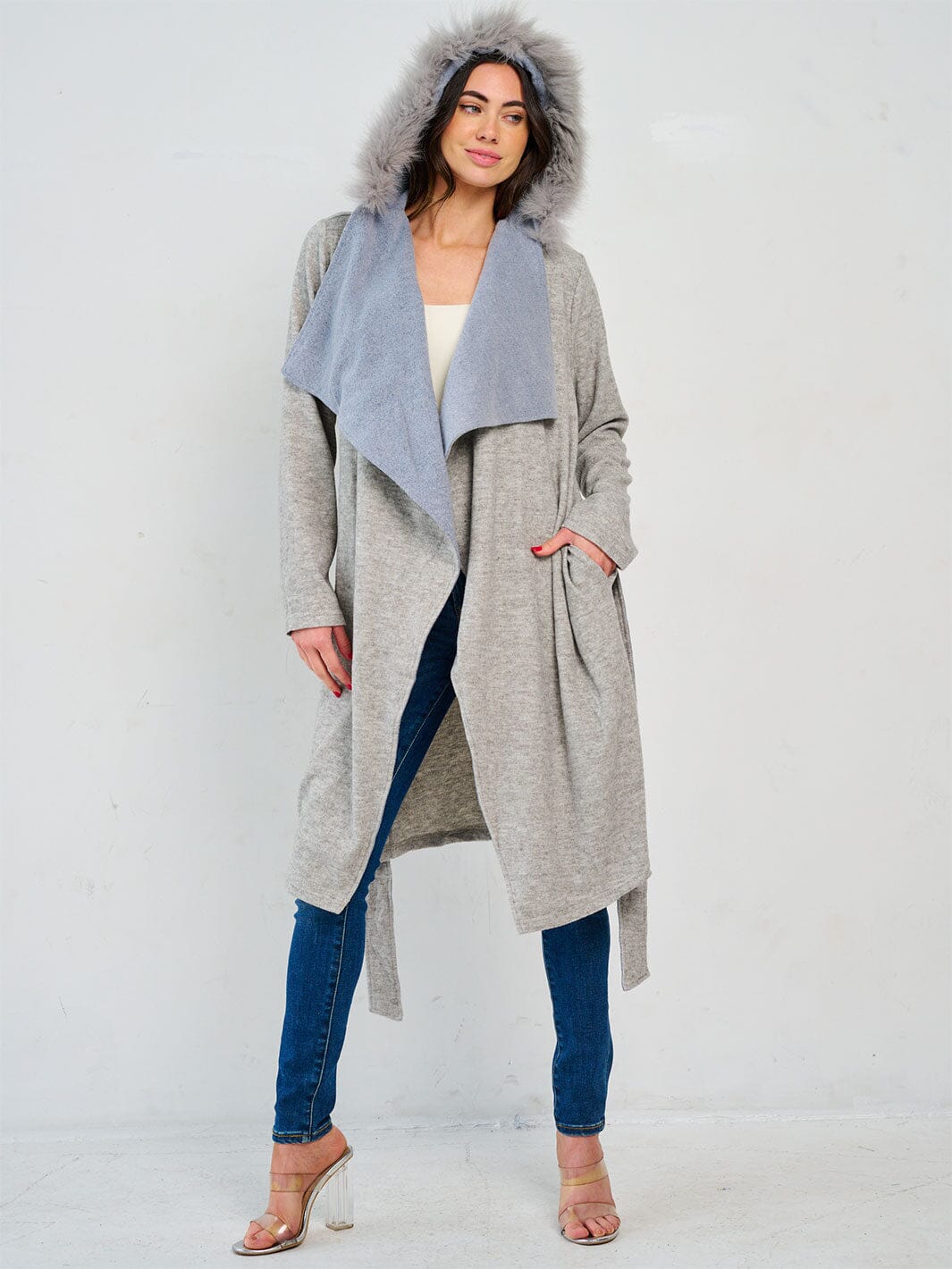 WOMEN'S LONG SLEEVE OPEN FRONT POCKETS SELF TIE HOODED CARDIGAN