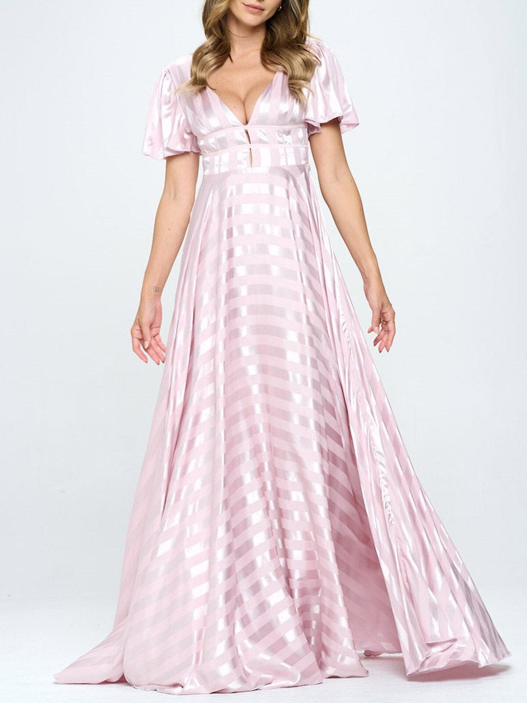 WOMEN'S SHORT SLEEVE V-NECK LOW OPEN BACK DETAILED MAXI DRESS