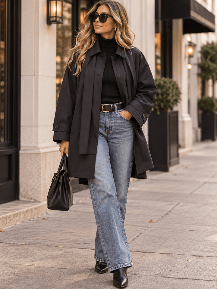 WOMEN'S LONG SLEEVE BUTTON CLOSURE FRONT POCKETS WITH SCARF COAT