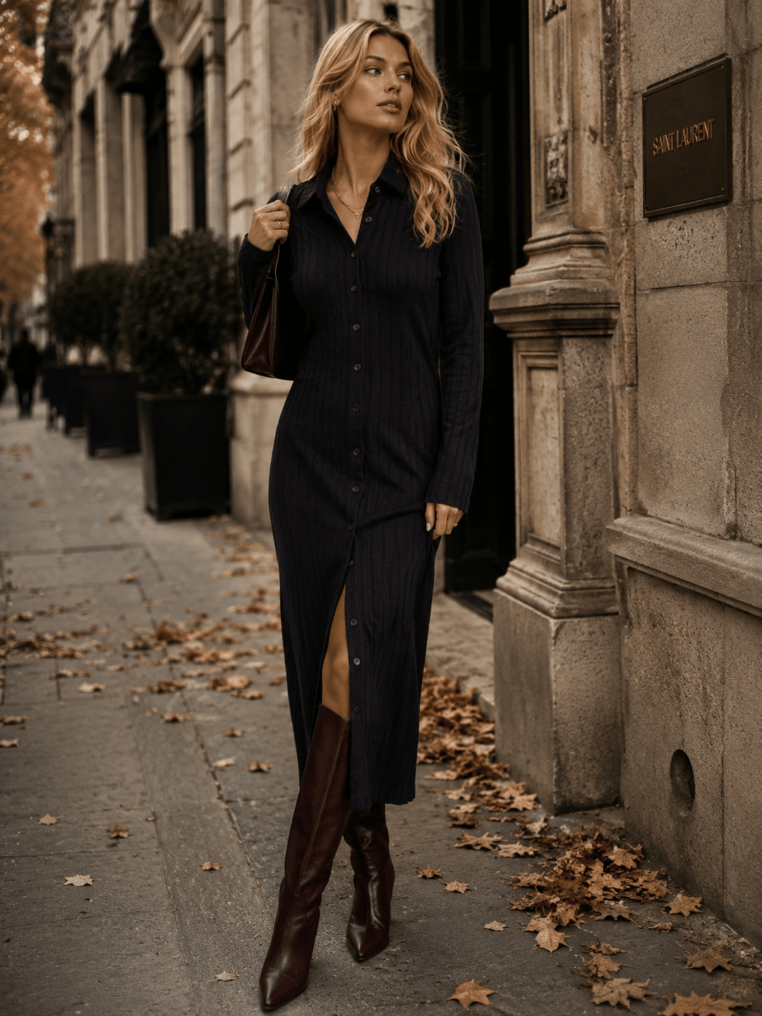 WOMEN'S LONG SLEEVE BUTTON UP RIBBED BODYCON MAXI DRESS