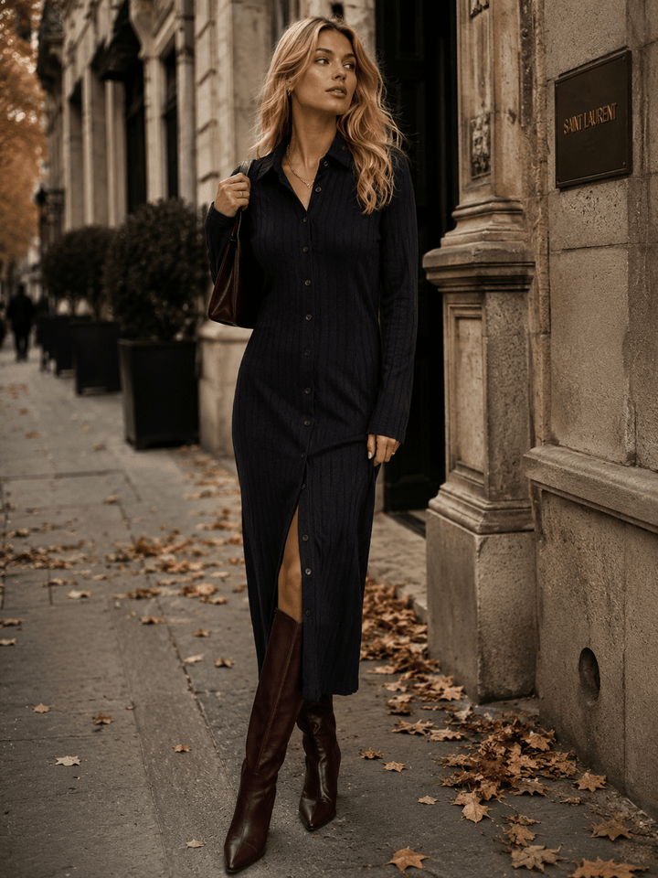 WOMEN'S LONG SLEEVE BUTTON UP RIBBED BODYCON MAXI DRESS
