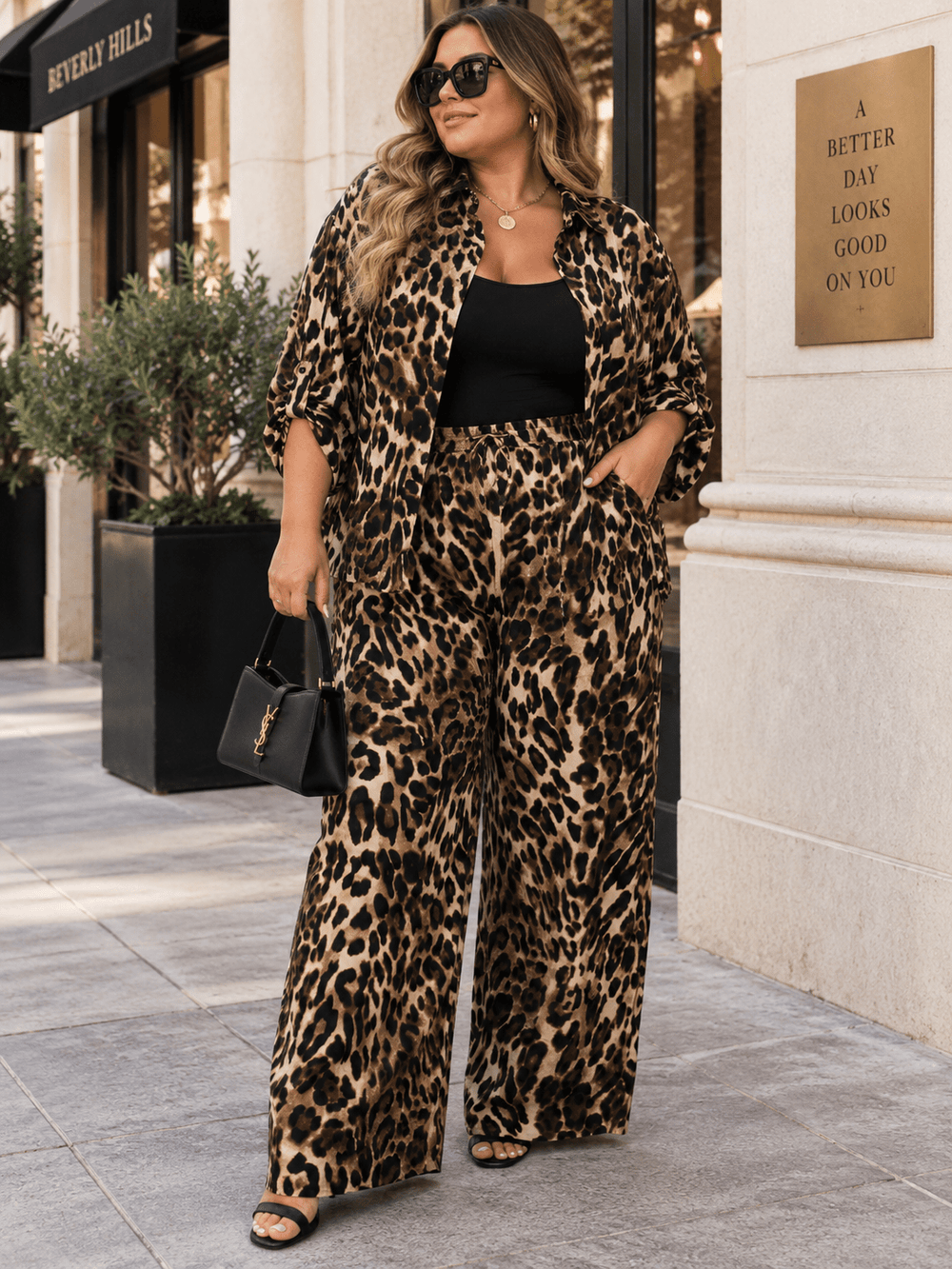 PLUS SIZE 3/4 SLEEVE BUTTON UP BLOUSE & ELASTIC WAIST WIDE LEG PANTS ANIMAL PRINT 2PC. SET