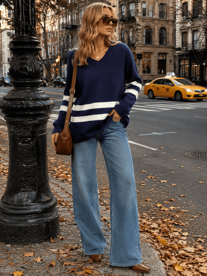 WOMEN'S LONG SLEEVE V-NECK COLORBLOCK KNIT PULLOVER SWEATER
