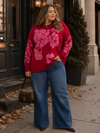 PLUS SIZE LONG SLEEVE FLORAL PRINT PULLOVER SWEATER