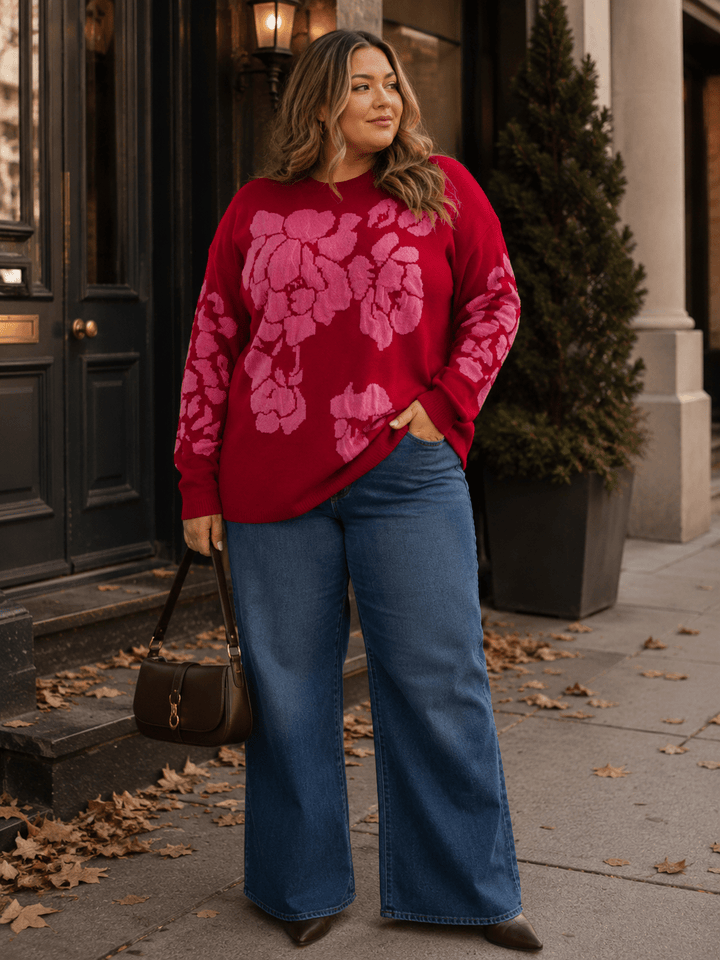 PLUS SIZE LONG SLEEVE FLORAL PRINT PULLOVER SWEATER