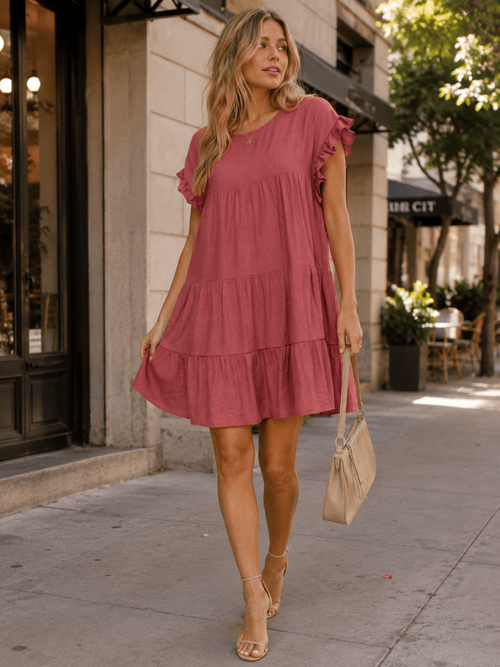 WOMEN'S SHORT RUFFLE SLEEVE TIERED TUNIC MINI DRESS