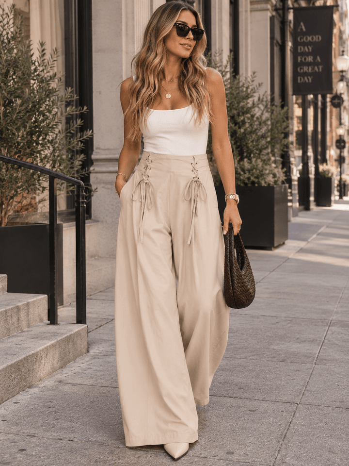 WOMEN'S ELASTIC WAIST FRONT POCKETS LACE UP DETAILED WIDE LEG PANTS