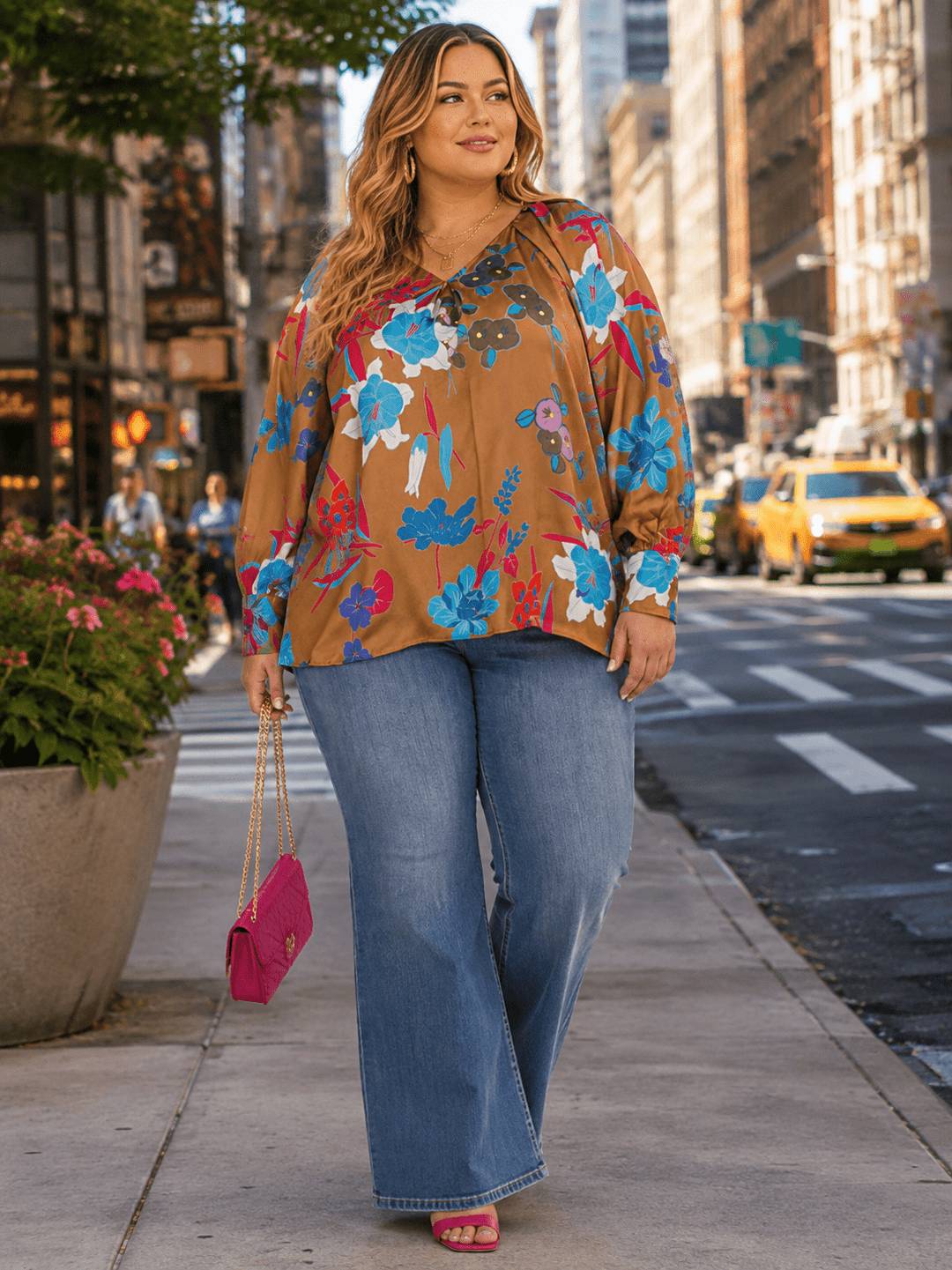 ENTRO PLUS SIZE LONG SLEEVE V-NECK FLORAL PRINT BLOUSE