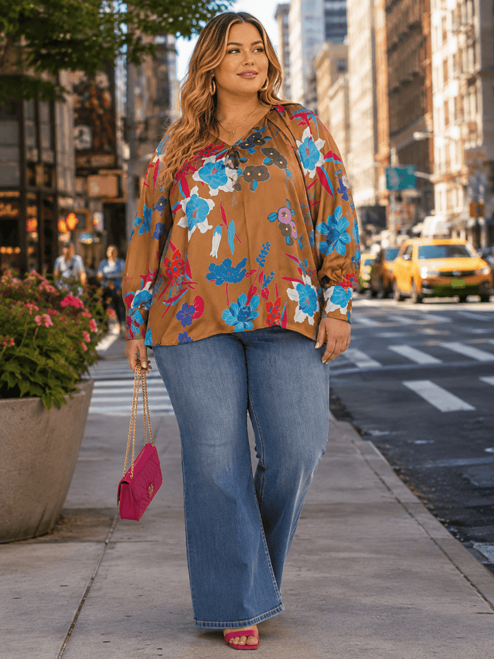 ENTRO PLUS SIZE LONG SLEEVE V-NECK FLORAL PRINT BLOUSE