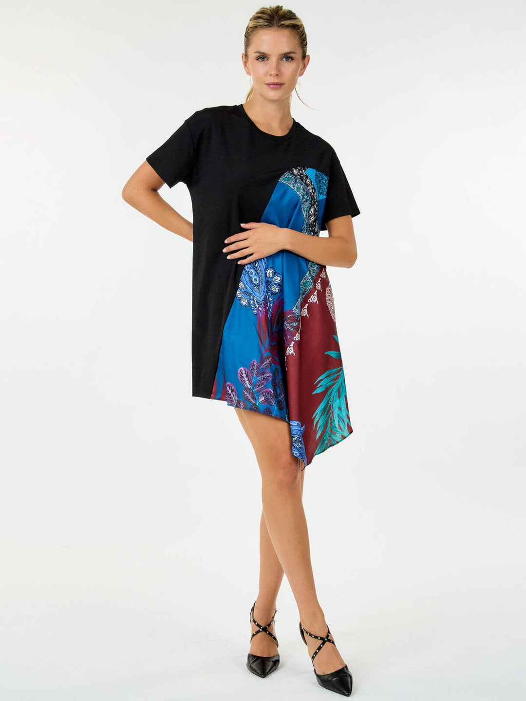 WOMEN'S SHORT SLEEVE MULTI PRINT HIGH-LOW MINI DRESS