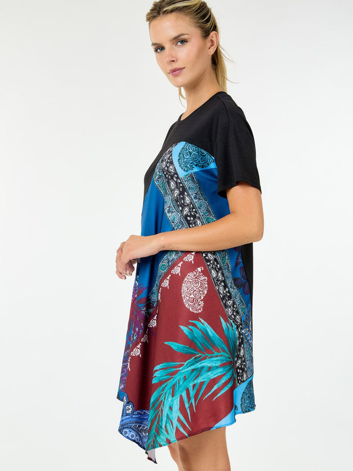 WOMEN'S SHORT SLEEVE MULTI PRINT HIGH-LOW MINI DRESS