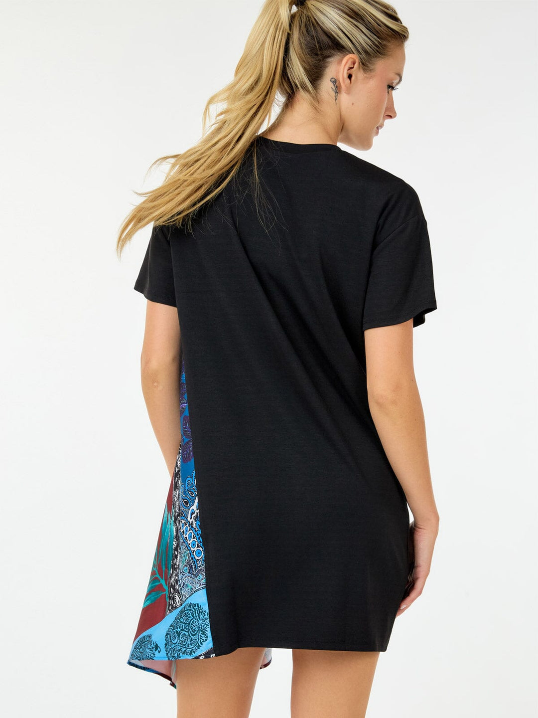 WOMEN'S SHORT SLEEVE MULTI PRINT HIGH-LOW MINI DRESS