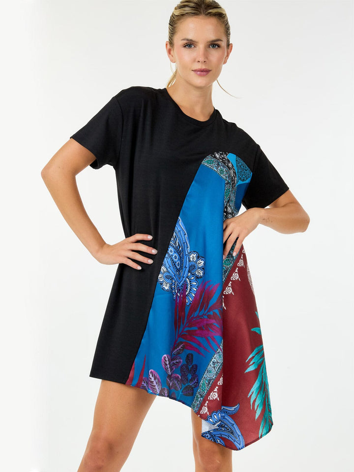 WOMEN'S SHORT SLEEVE MULTI PRINT HIGH-LOW MINI DRESS