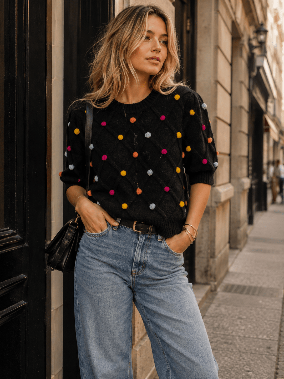 WOMEN'S SHORT SLEEVE POM POM DETAILED SWEATER BLOUSE