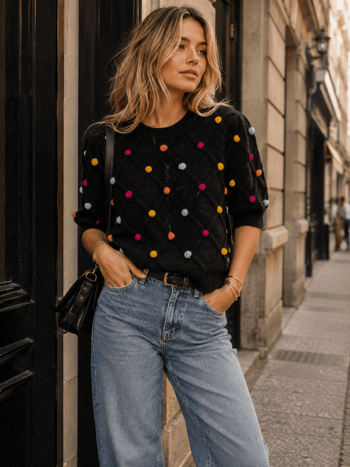 WOMEN'S SHORT SLEEVE POM POM DETAILED SWEATER BLOUSE