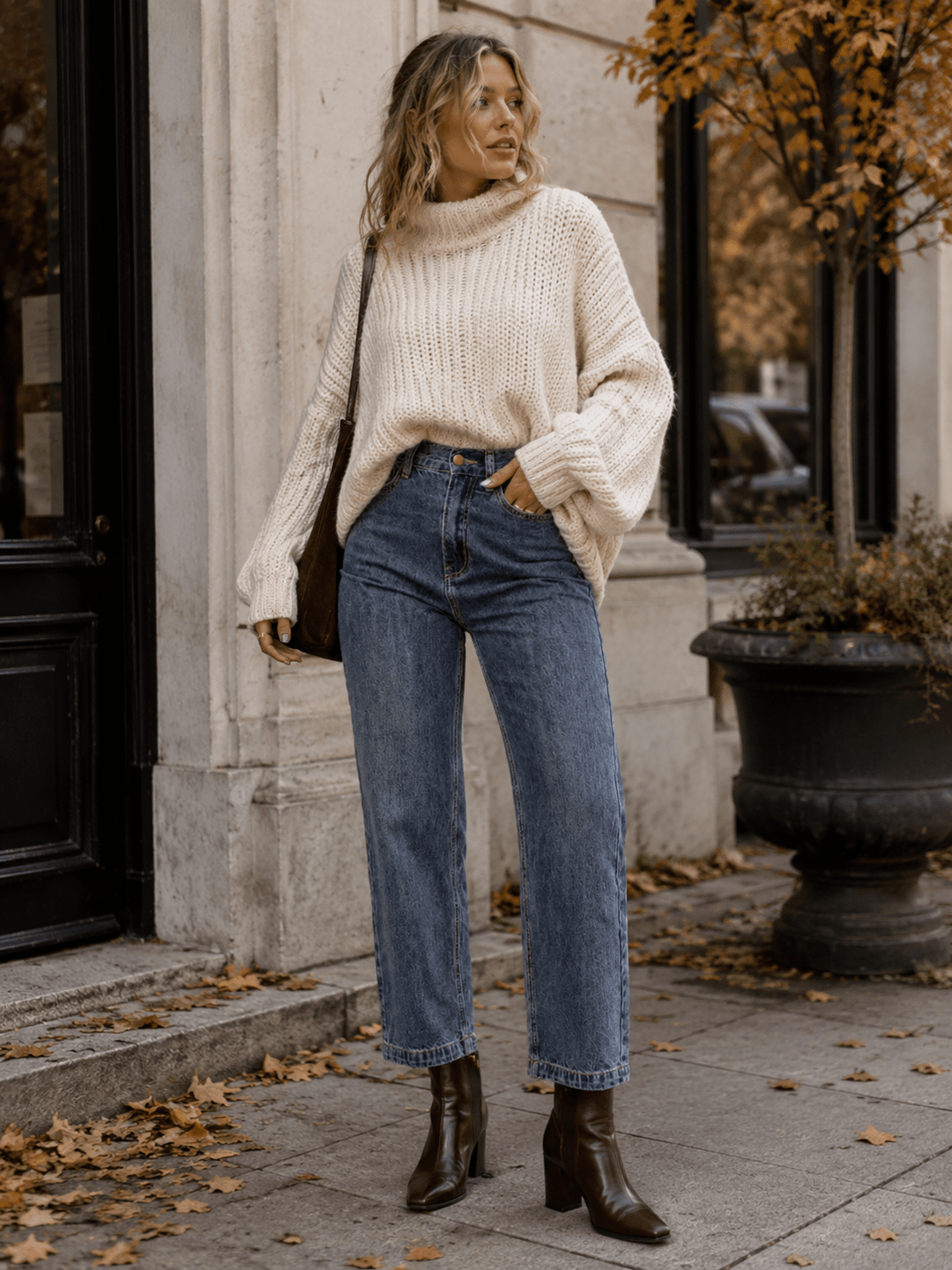 WOMEN'S BUTTON CLOSURE POCKETS STRAIGHT LEG DENIM PANTS