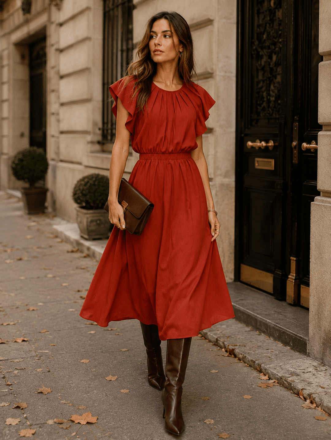 ENTRO WOMEN'S SHORT RUFFLE SLEEVE ELASTIC WAIST MAXI DRESS