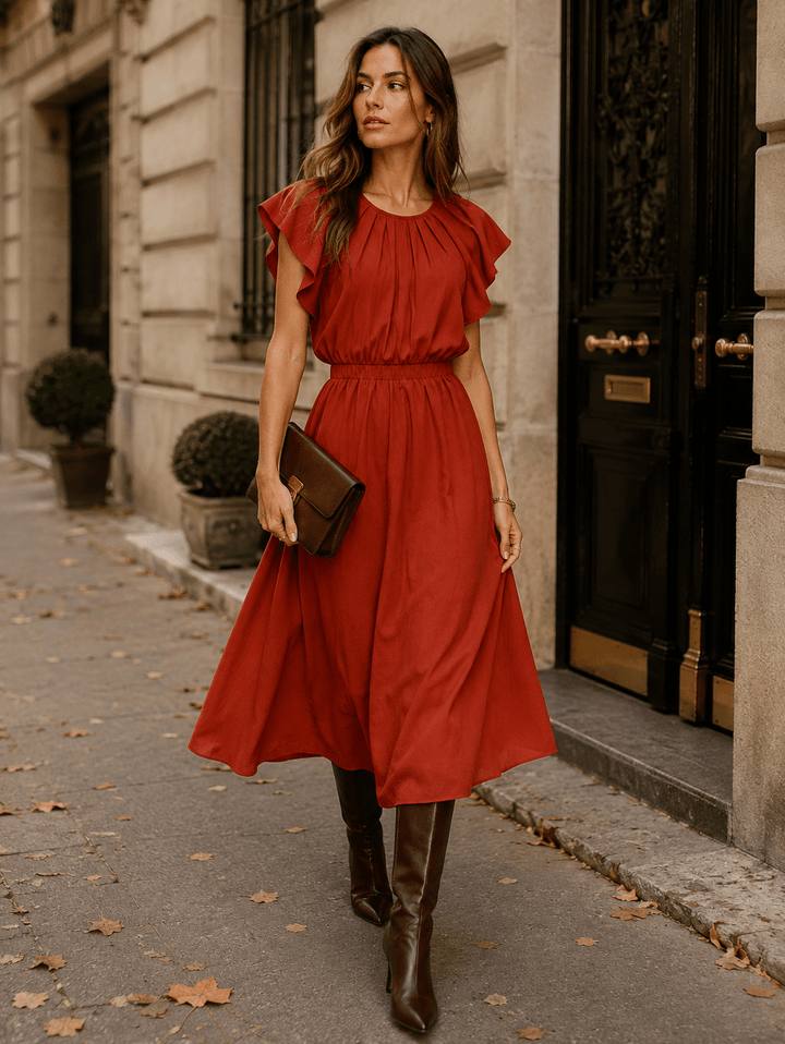 ENTRO WOMEN'S SHORT RUFFLE SLEEVE ELASTIC WAIST MAXI DRESS