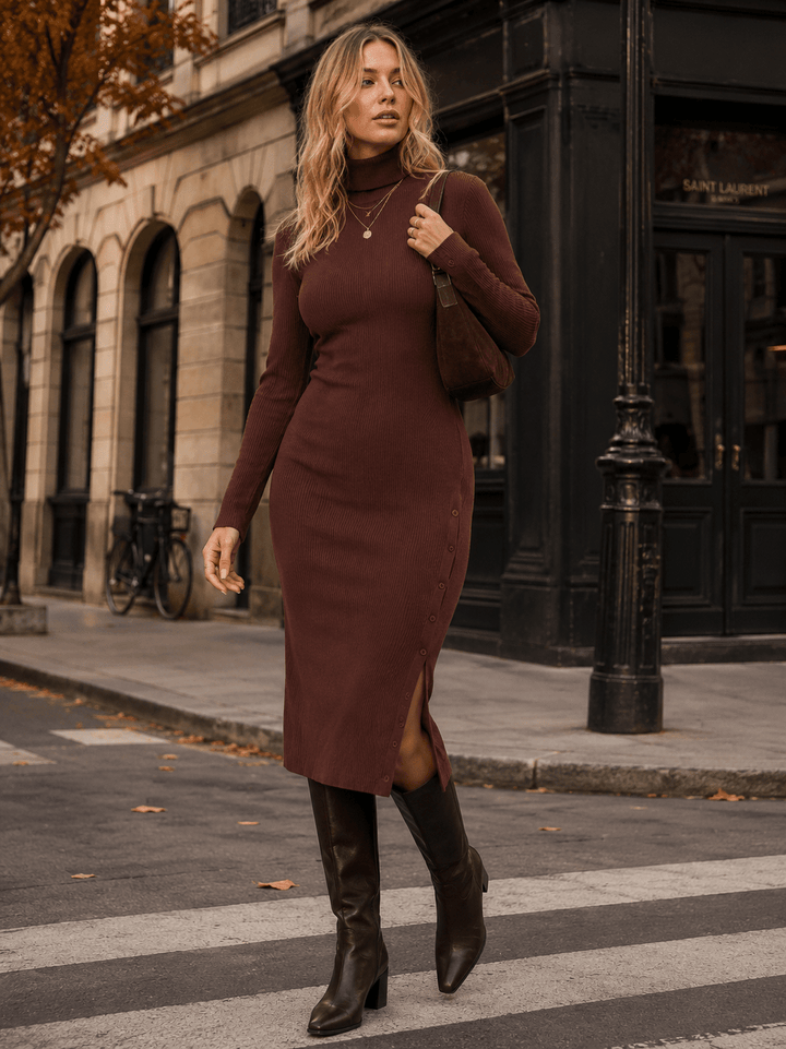 WOMEN'S LONG SLEEVE TURTLE NECK BUTTONS DETAILED RIBBED BODYCON MIDI DRESS