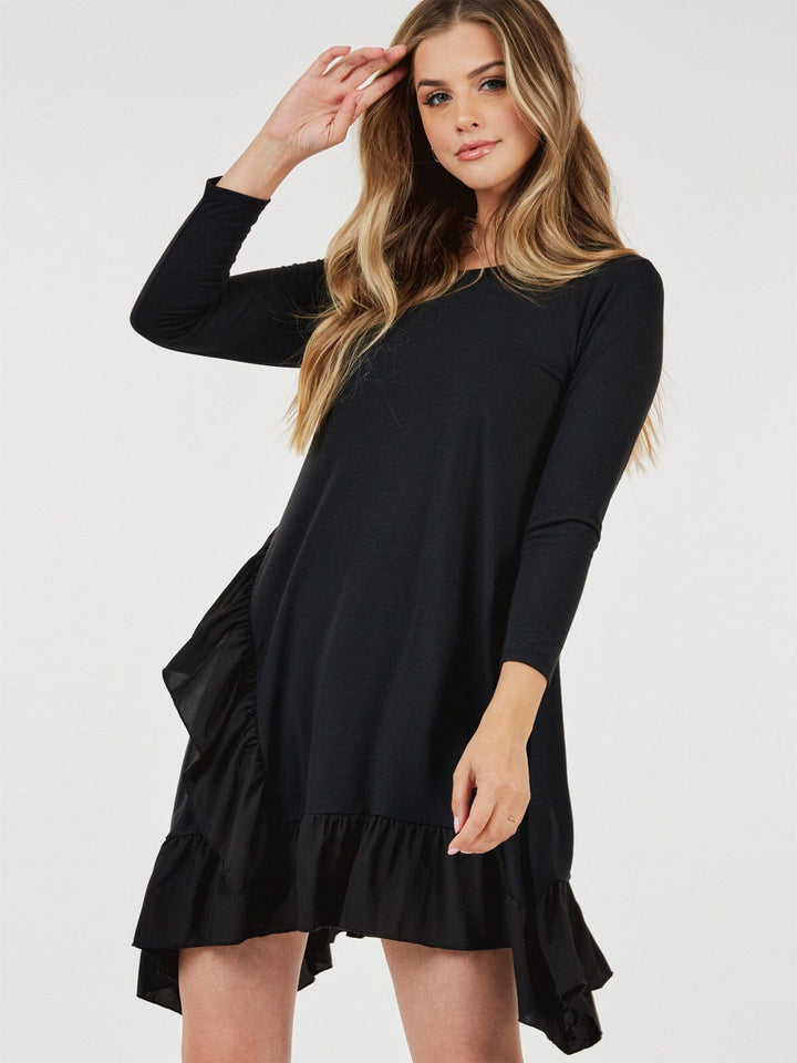 WOMEN'S 3/4 SLEEVE LOOSE FIT RUFFLE DETAILED HIGH-LOW MINI DRESS