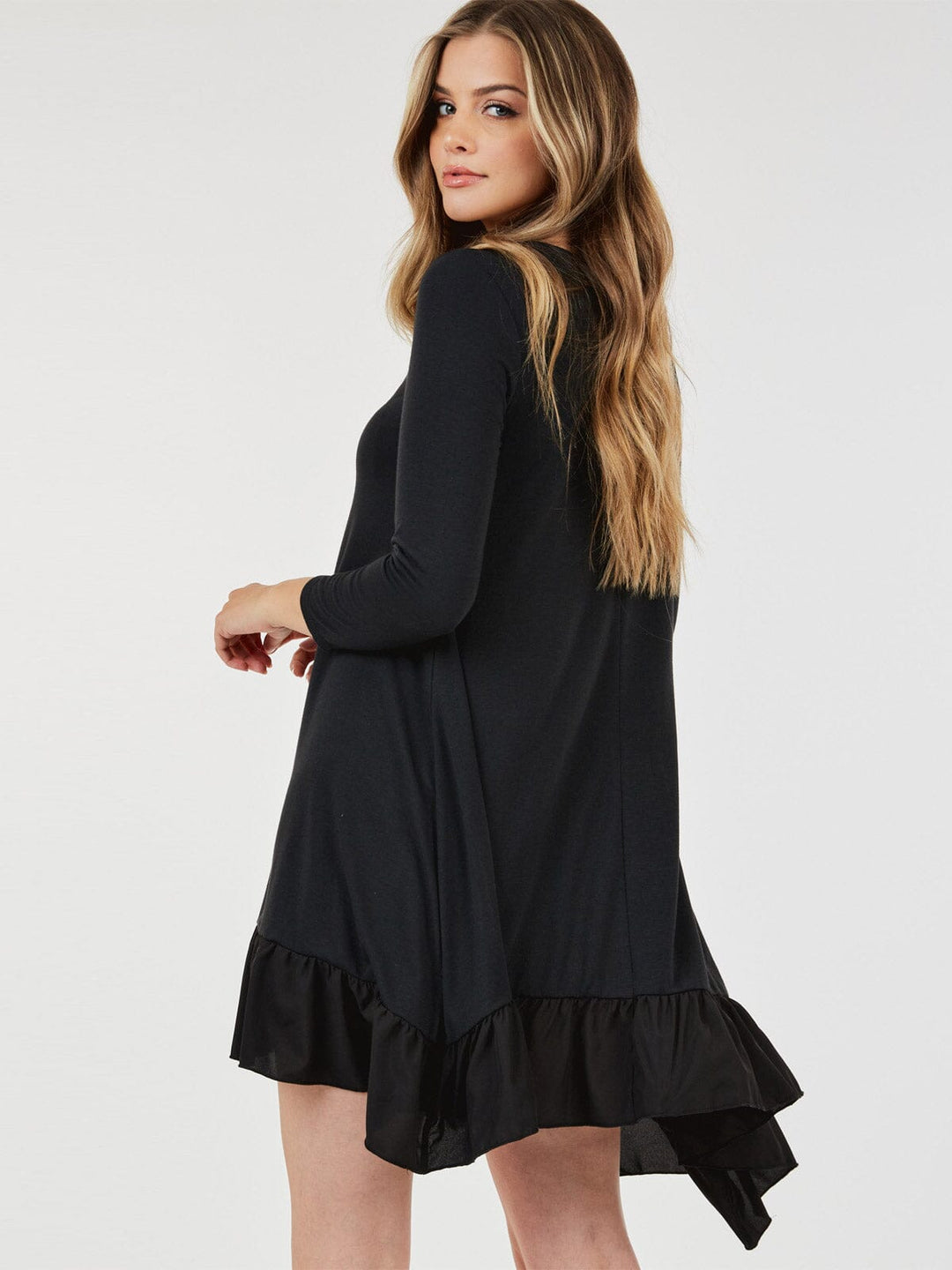 WOMEN'S 3/4 SLEEVE LOOSE FIT RUFFLE DETAILED HIGH-LOW MINI DRESS