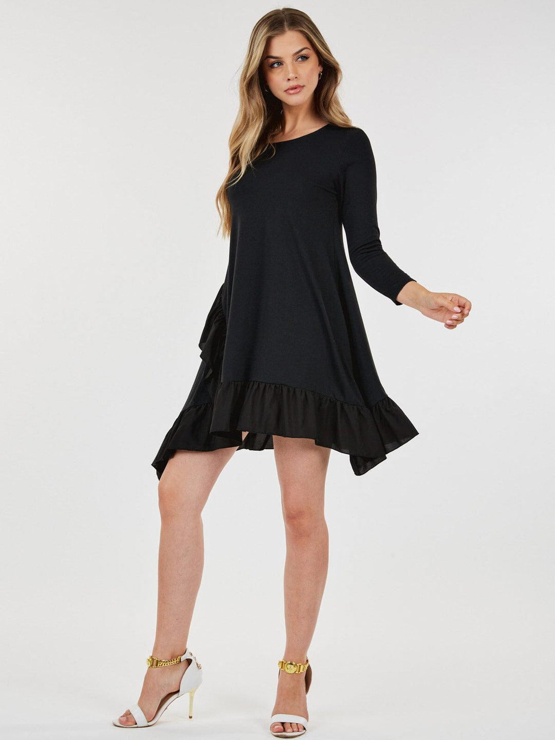 WOMEN'S 3/4 SLEEVE LOOSE FIT RUFFLE DETAILED HIGH-LOW MINI DRESS