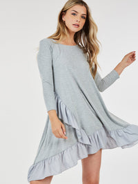 WOMEN'S 3/4 SLEEVE LOOSE FIT RUFFLE DETAILED HIGH-LOW MINI DRESS