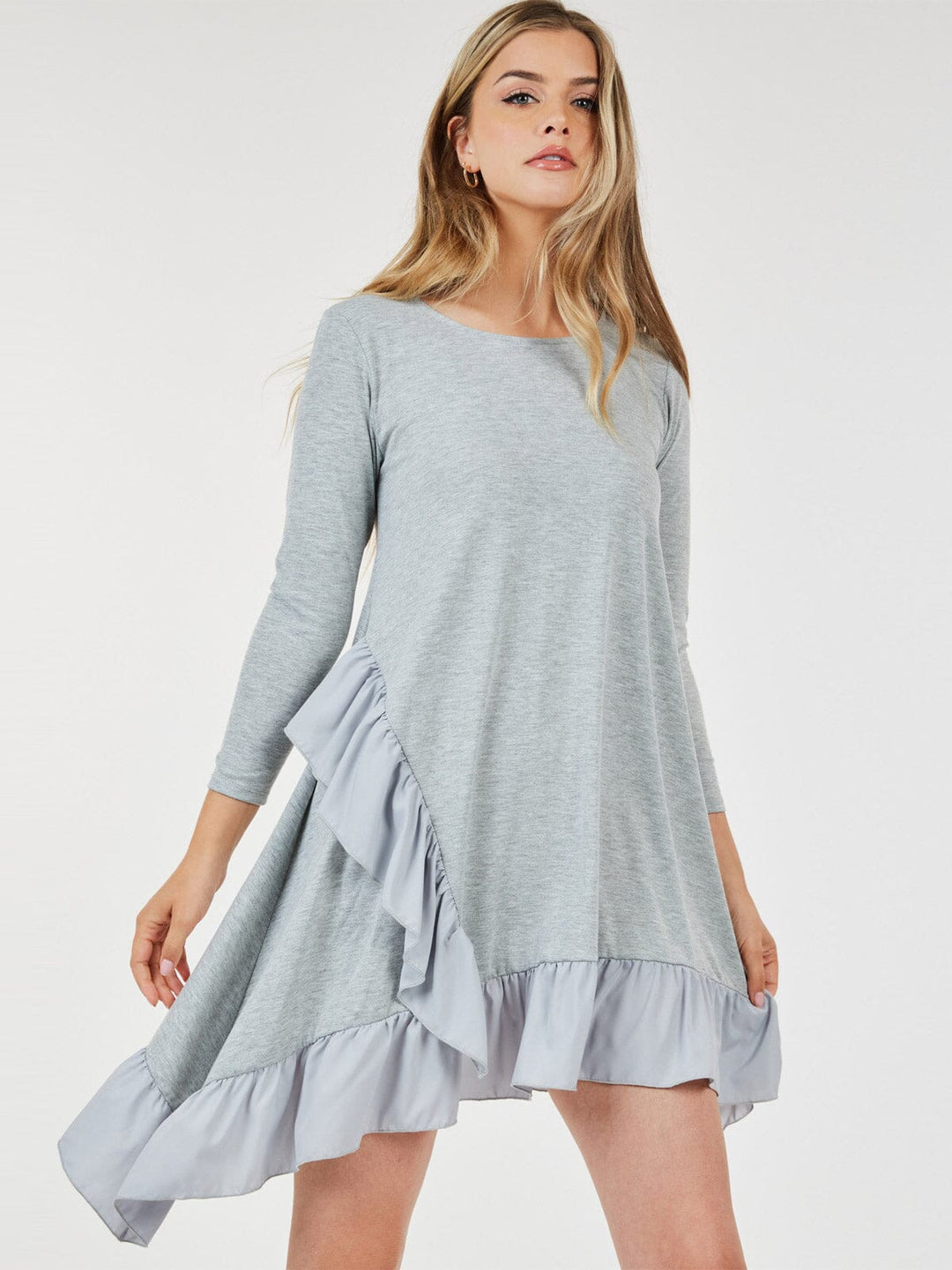 WOMEN'S 3/4 SLEEVE LOOSE FIT RUFFLE DETAILED HIGH-LOW MINI DRESS