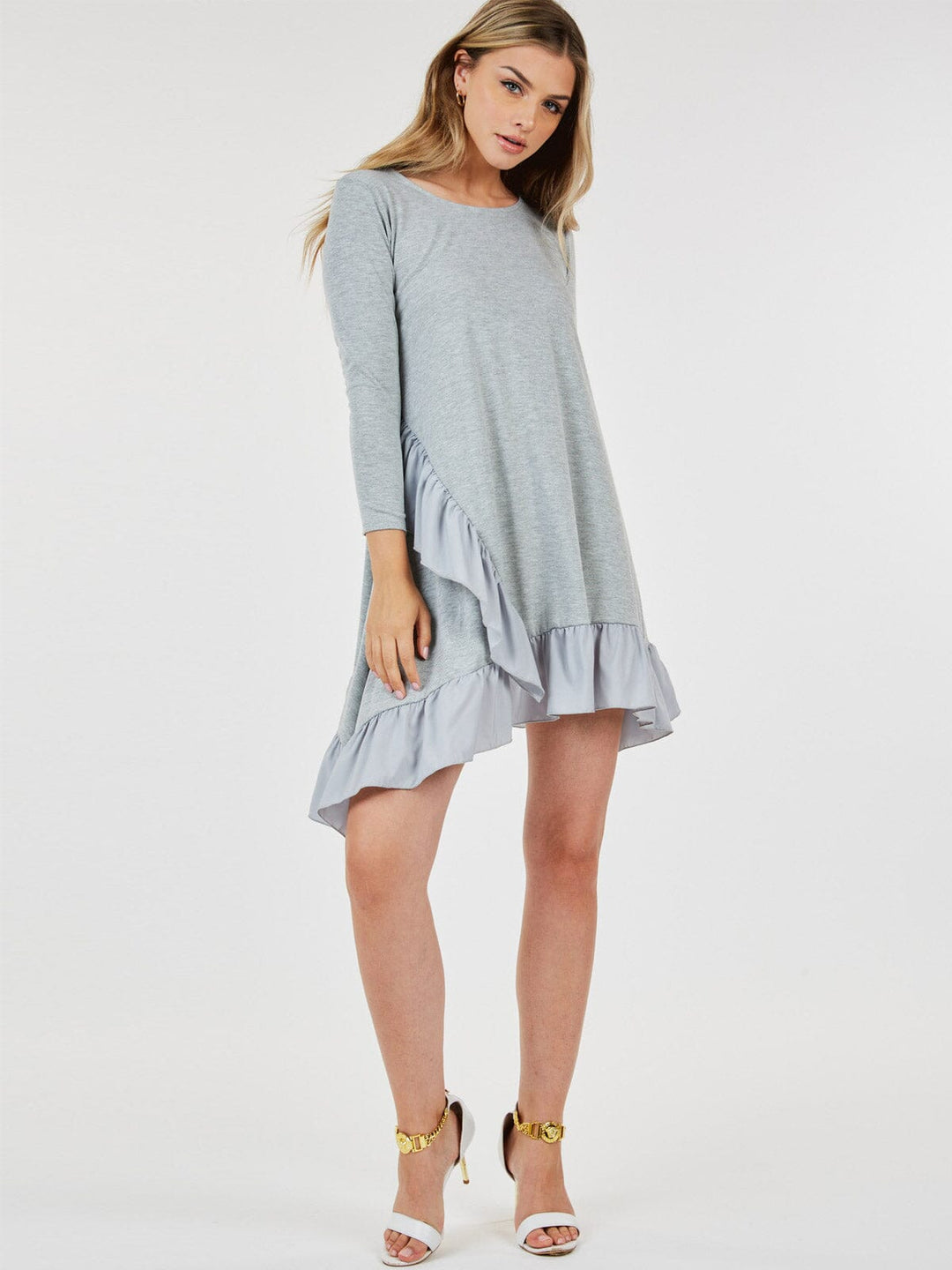 WOMEN'S 3/4 SLEEVE LOOSE FIT RUFFLE DETAILED HIGH-LOW MINI DRESS