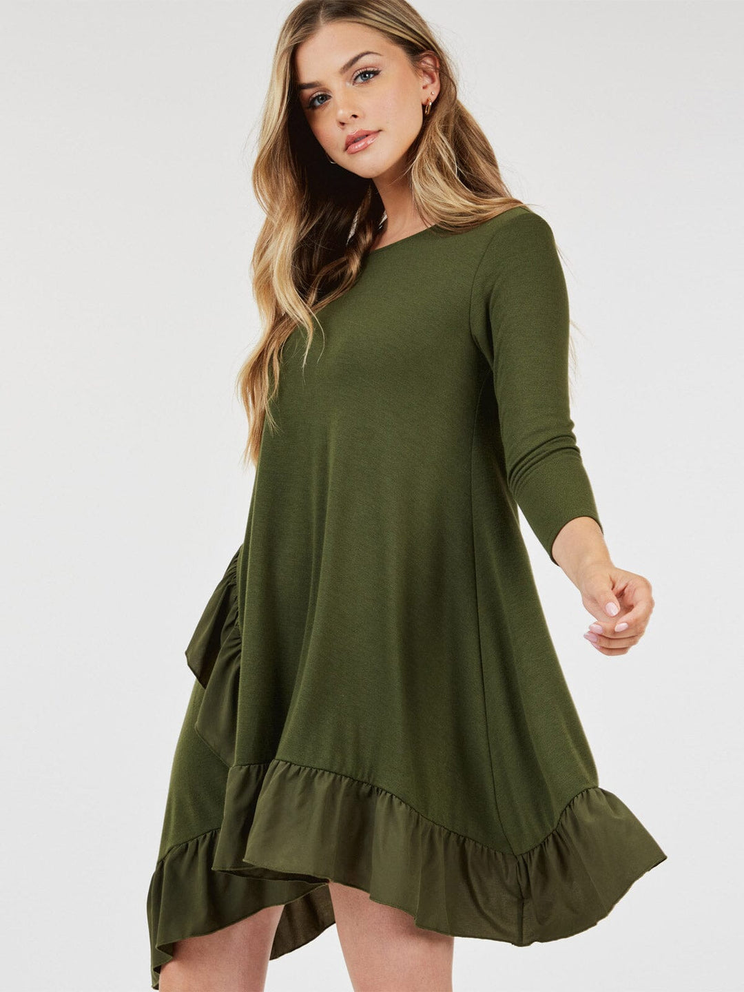 WOMEN'S 3/4 SLEEVE LOOSE FIT RUFFLE DETAILED HIGH-LOW MINI DRESS