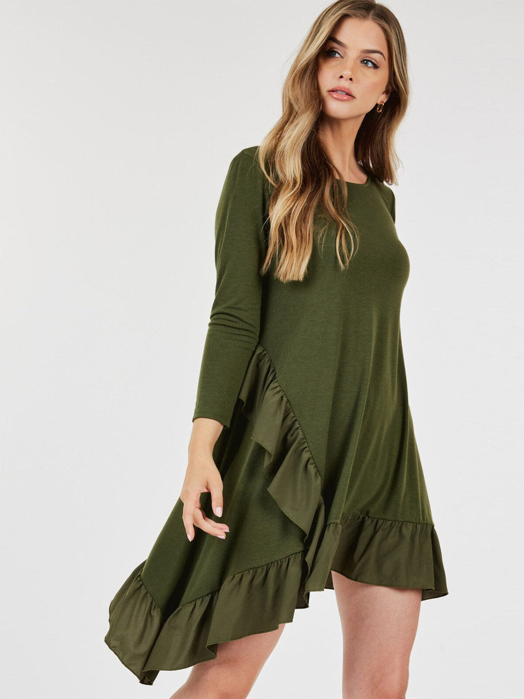 WOMEN'S 3/4 SLEEVE LOOSE FIT RUFFLE DETAILED HIGH-LOW MINI DRESS