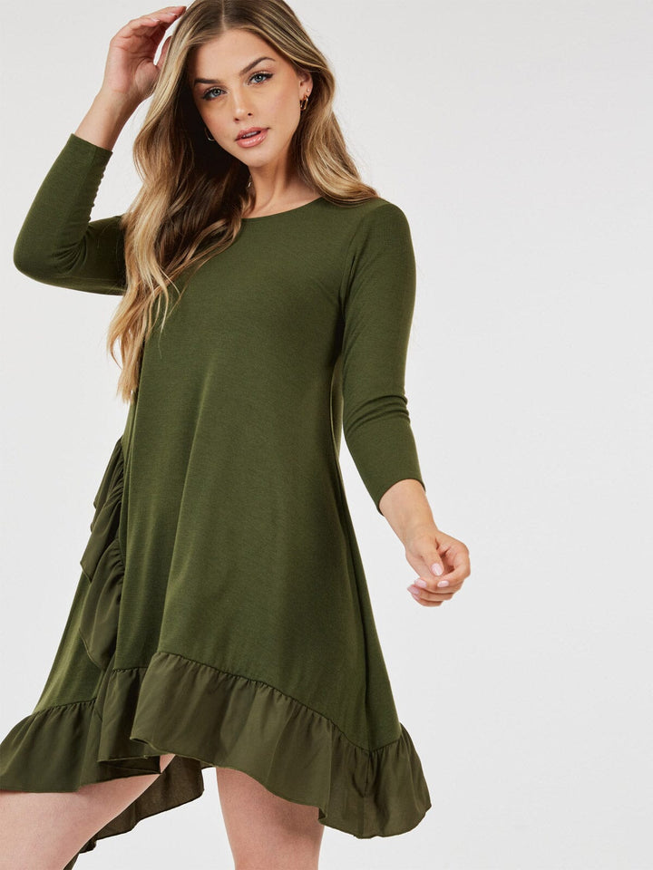 WOMEN'S 3/4 SLEEVE LOOSE FIT RUFFLE DETAILED HIGH-LOW MINI DRESS
