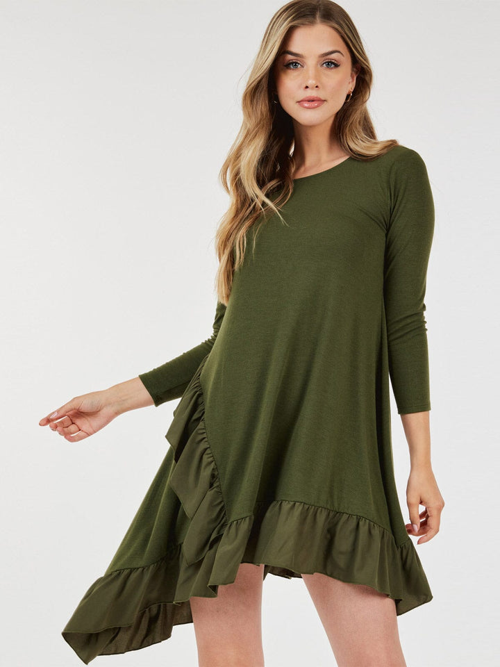 WOMEN'S 3/4 SLEEVE LOOSE FIT RUFFLE DETAILED HIGH-LOW MINI DRESS
