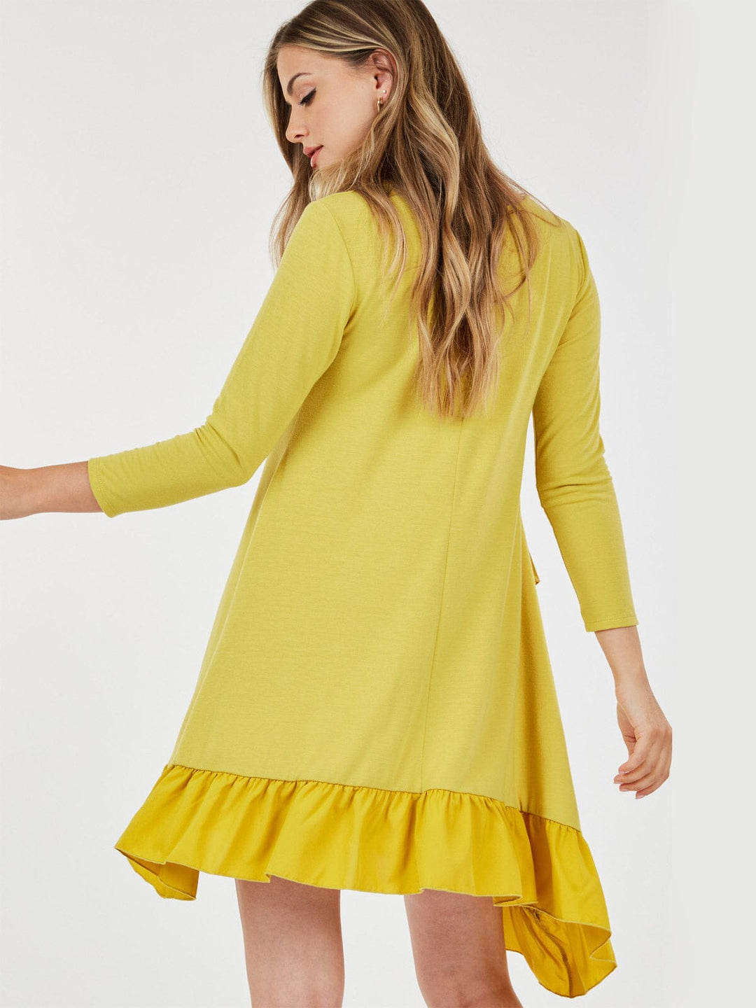 WOMEN'S 3/4 SLEEVE LOOSE FIT RUFFLE DETAILED HIGH-LOW MINI DRESS