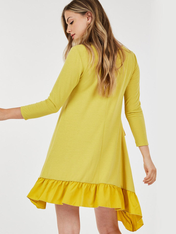 WOMEN'S 3/4 SLEEVE LOOSE FIT RUFFLE DETAILED HIGH-LOW MINI DRESS