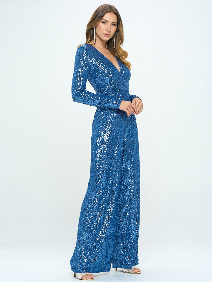 WOMEN'S LONG SLEEVE V-NECK SEQUINS WIDE LEG JUMPSUIT