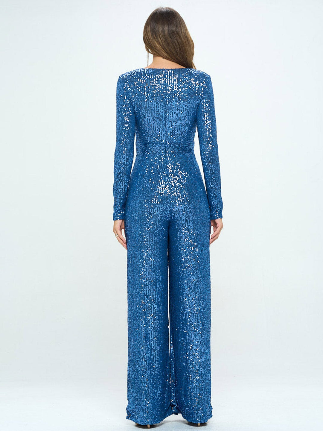 WOMEN'S LONG SLEEVE V-NECK SEQUINS WIDE LEG JUMPSUIT
