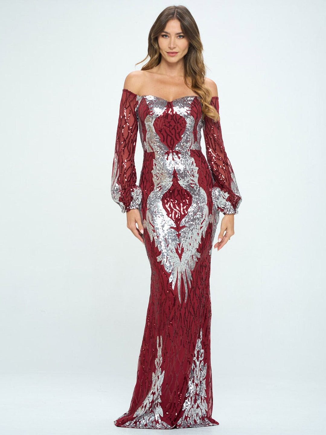 WOMEN'S LONG SLEEVE OFF SHOULDER BODYCON SEQUINS MAXI DRESS