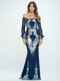 WOMEN'S LONG SLEEVE OFF SHOULDER BODYCON SEQUINS MAXI DRESS