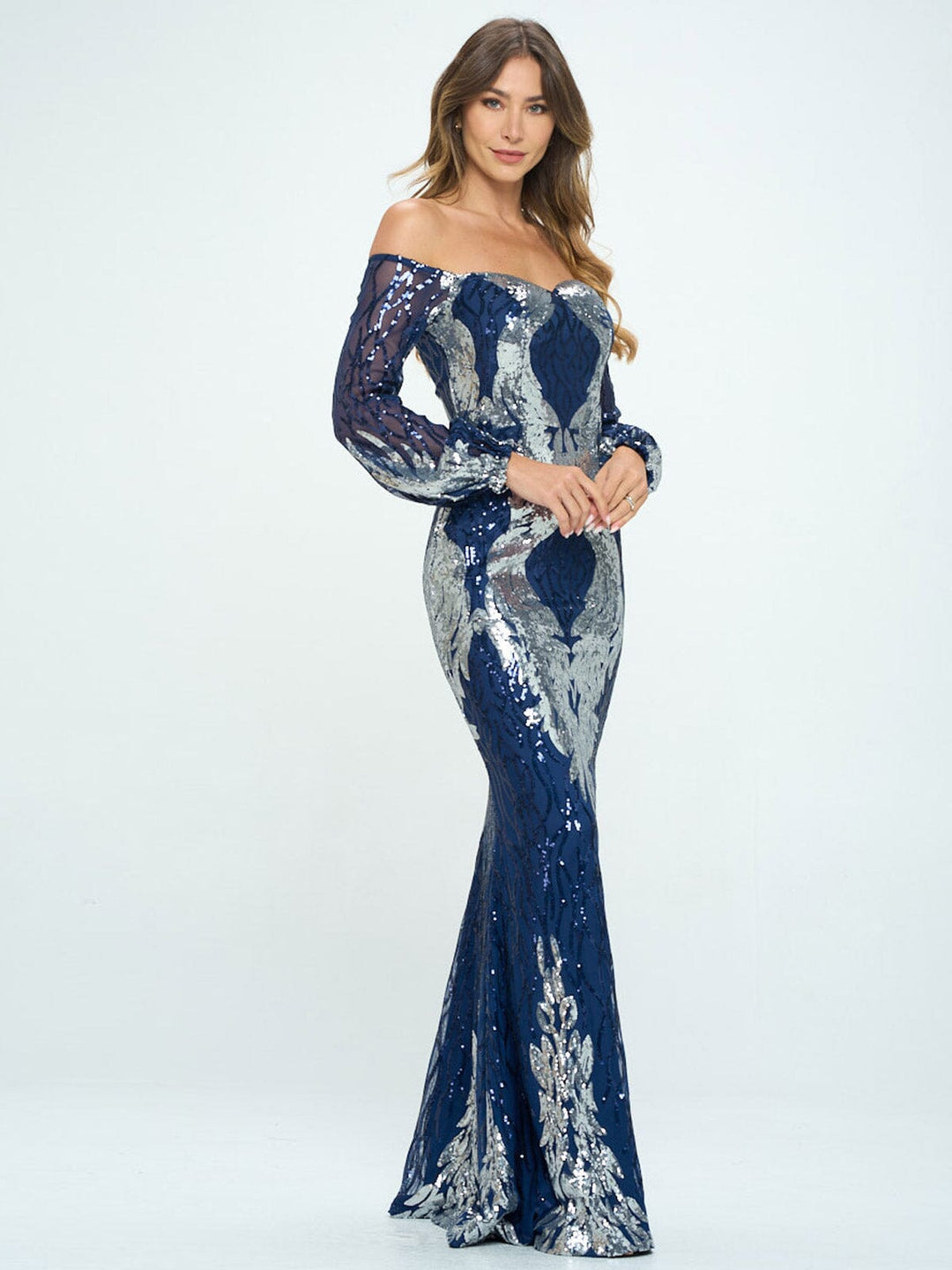 WOMEN'S LONG SLEEVE OFF SHOULDER BODYCON SEQUINS MAXI DRESS