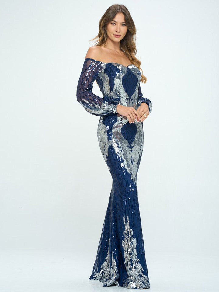 WOMEN'S LONG SLEEVE OFF SHOULDER BODYCON SEQUINS MAXI DRESS