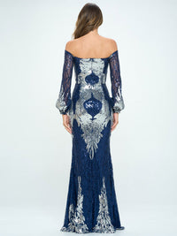 WOMEN'S LONG SLEEVE OFF SHOULDER BODYCON SEQUINS MAXI DRESS